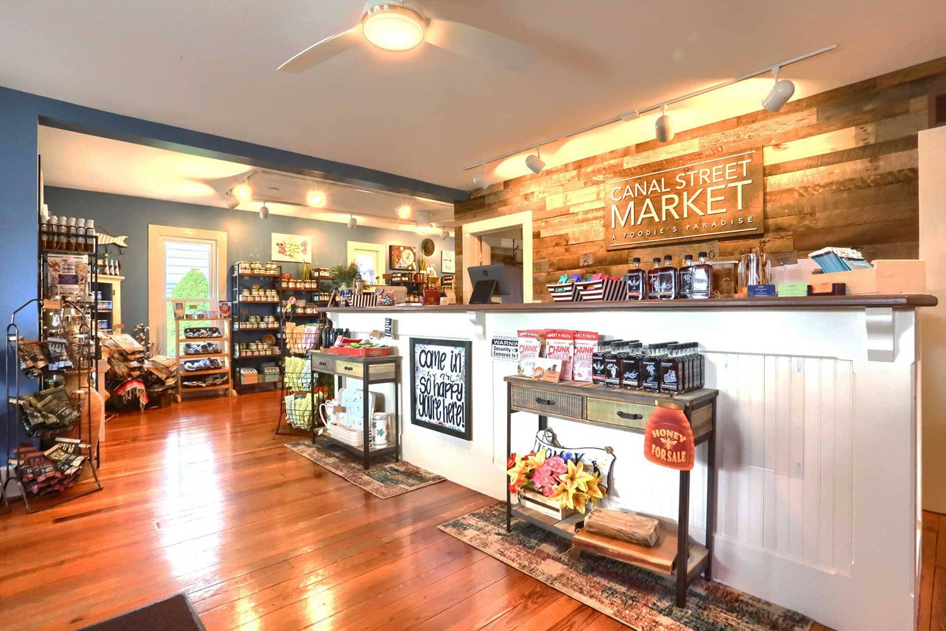 Interior shop display at Canal Street Market in Winona Lake, IN.